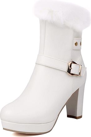 Generic Womens Round Toe Platform Boots with Buckle Chunky High Heel Winter Boots PU Leather Short Boot with Side Zipper,White,6.5 UK