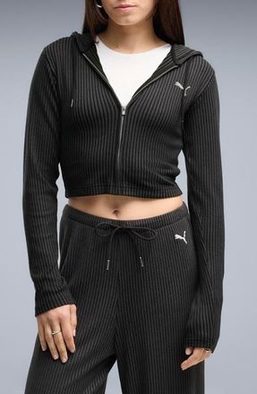 Puma Essentials Ribbed Full Zip Hoodie in Puma Black at Nordstrom, Size X-Small