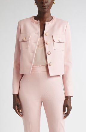 St. John Braided Trim Stretch Twill Crop Jacket in Pink at Nordstrom, Size 8