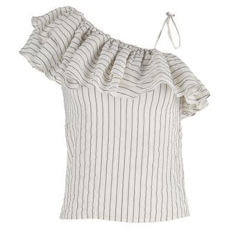 Ganni Ganni Wilkie Ruffled Striped Blouse in White Cotton and Silk