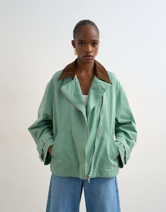 Topshop Giacca turchese slavato con zip sul davanti e colletto in velluto a coste a contrasto-Blu