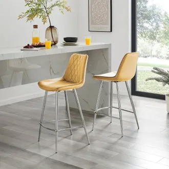 Furniturebox Pesaro Set of 2 Velvet Silver Legs Counter Stools in Mustard