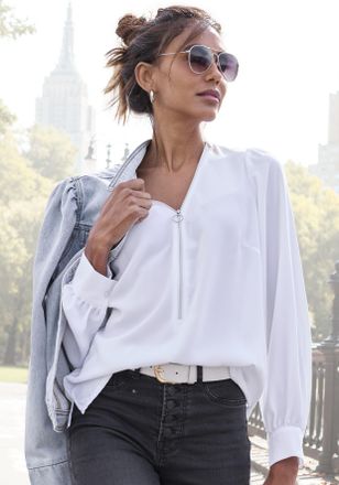 Lascana Langarmbluse LASCANA, Damen, Gr. 34, weiss (wei&szlig;), Web, Obermaterial: 100% Polyester, unifarben, figurumspielend h&uuml;ftlang, V-Ausschnitt, 1-Knopf-Mansc