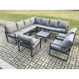 Fimous Fimous Outdoor Garden Furniture Patio Lounge Corner Sofa Aluminium Set with Square Coffee Table 3 Pcs Arm Chairs Dark Grey
