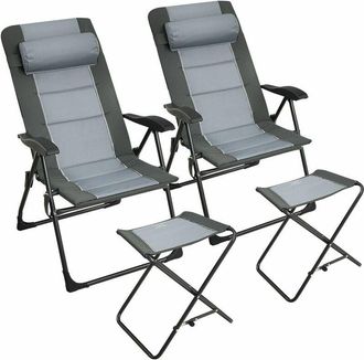 Costway Costway - Set of 2 Folding Camping Chairs & Ottoman 7-Position Adjustable Recliner Chair