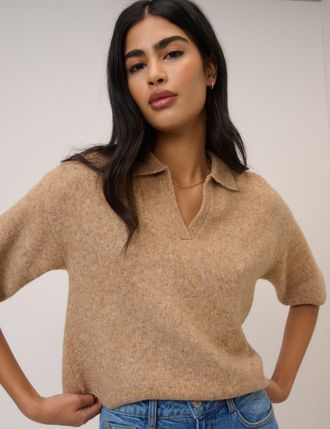 Nobody's Child Brown Open Collar Polo Knitted T-Shirt