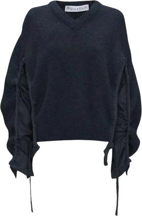 J.W.Anderson Navy V-hals trui met gerimpelde mouwen - Dames - V-hals truien - Blauw - XS - Wol - Truien & Vesten