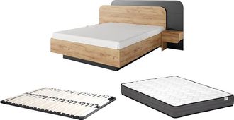 Vente-Unique Cama con mesitas de noche 160 x 200 cm - Con LEDs - Color: natural y antracita + Somier + Colch&oacute;n - DESADO