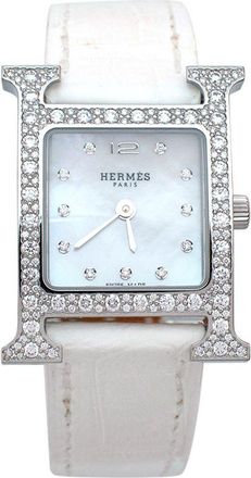 Hermès Hermès Heure H Mini Model Watch with Diamond-Set Steel & White Alligator Strap Size S