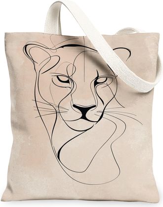 Generic Minimalistic Animal Canvas Tote Bags, Elegant Lion Line Art Design Reusable Grocery Bags, Lightweight Washable Shoulder Str, Beige, 13x15 Inch