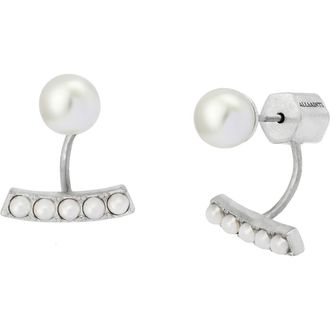AllSaints Imitation Pearl Front/Back Earrings in Pearl/Warm Silver at Nordstrom
