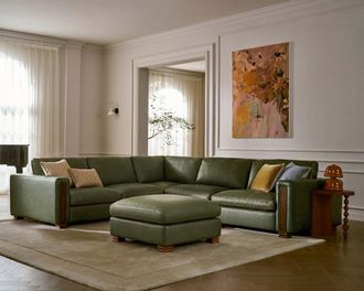 Castlery Tan France Kagan Leather 5-Piece L-Shape Sectional Couch with Ottoman, Lugano Moss Green