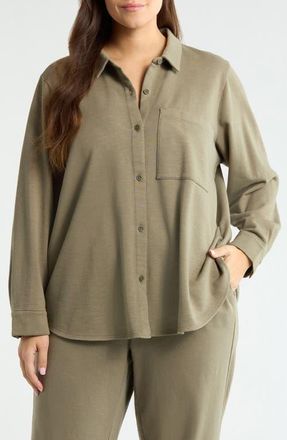 Eileen Fisher Classic Organic Cotton Terry Button-Up Shirt in Bay Leaf at Nordstrom, Size 1 X