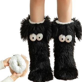 Generic Cozy Socks, Womens Winter Warm Fuzzy Non-slip Slipper Socks, with Cute Big Eyes for Indoor Winter Comfort (Black)
