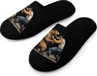 Generic Fighting With Bear Warm Mens Slippers Slip On Soft Fleece House Shoes Winter Indoor Outdoor