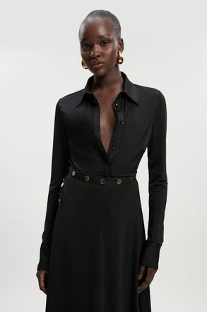 Karen Millen Drapey Crepe Slim Collared Shirt in Black at Nordstrom, Size Large