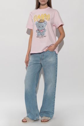 Ganni T-shirt With A Colorful Print, Womens, Pink