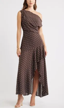 Chelsea28 Cascading Off the Shoulder Evening Dress in Brown- Ivory Corner Dot at Nordstrom, Size Xx-Small