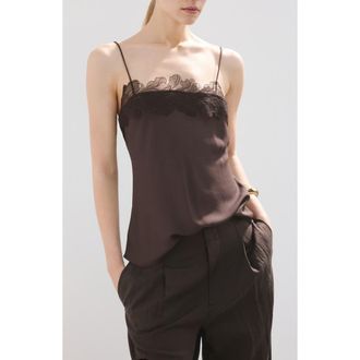 Mango Lace Trim Satin Camisole in Chocolate at Nordstrom, Size Large