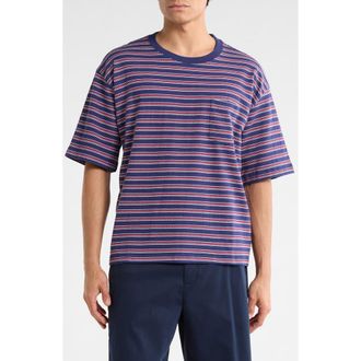 Brixton Poolside Stripe Boxy Cotton Piqu&eacute; Cropped T-Shirt in Washed Navy at Nordstrom, Size Xx-Large