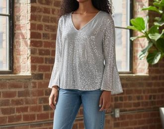 Vince Camuto Sequin V-Neck Top In Silver