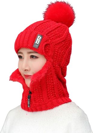 Generic Winter Siamese Windproof Hat, 3 in 1 Winter Knitted Beanie Hat, Women Windproof Warm Siamese Scarf Knitted Hat (UK, Alpha, One Size, Red)