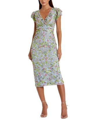 Mac Duggal Beaded Mesh V Neck Flutter Cap Sleeve Midi Dress