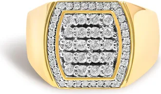 House of Brilliance Mens 14K Yellow Gold Plated Sterling Silver 3/4 Cttw Diamond Cushion Head and Halo Band Ring
