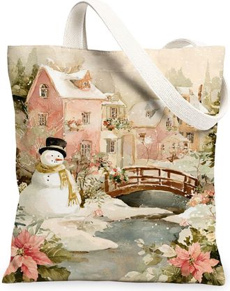 Generic Winter Snow Man Canvas Tote Bags, Vintage Floral Pattern Reusable Grocery Bags, Holiday Lightweight Washable Shoulder Strap, Peach, 13x15 Inch