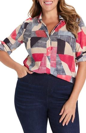 Nic+Zoe Set Sail Crinkle Cotton Button-Up Shirt in Red Multi at Nordstrom, Size 1 X