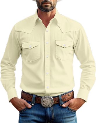 Generic Mens Two Pocket Long Sleeve Button Work Shirt Vintage Solid Color Lapel Shirt Slim Fit Mens Casual Shirts Cowboy Cut Western Style Beige