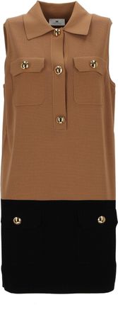 Elisabetta Franchi Sleeveless Two-Tone Knit Dress with Flap Pockets and Gold Accents