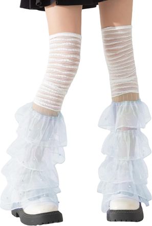 Generic Women Ruffled Leg Warmers Layered Lace Patchwork Long Tube Thigh High Socks Boot Cuffs Cover Streetwear ( 5-Sky Blue, One Size)