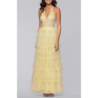 Blondie Nites Tiered Mesh Gown in Yellow at Nordstrom, Size 13