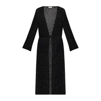 Akep Long Knitwear, female, Black, Size: S Crocheted Cardigan with Shimmering Sequins