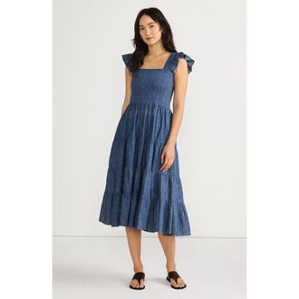Lands End Chambray Smocked Dress with Ruffle Straps in Medium Indigo Chambray at Nordstrom, Size X-Small