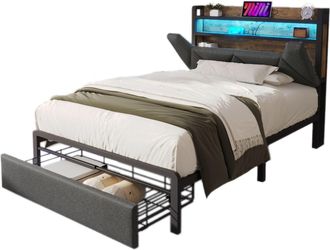 STILVORA Cama Con Caj&oacute;n 90 X 200 Cm De Lino, Cama Individual Con Caj&oacute;n, Cabecero Con Almacenamiento, Estructura De Cama Con Led, Colch&oacute;n Incluido, Gris