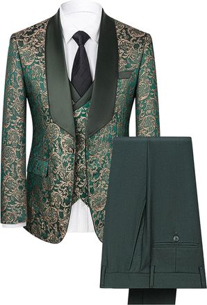 Generic Men Suits 3 Piece Mens 3 Piece Regular Fit Jacquard Tuxedo Suit Blazer Vest Pants Classic Paisley Wedding Outfit Green Small