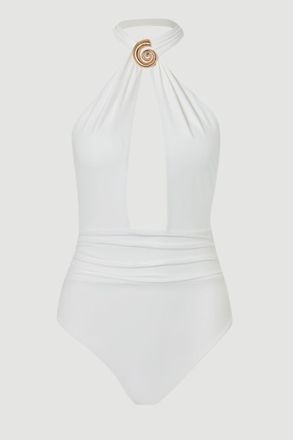 Karen Millen Womens Shell Hardwear Halterneck Swimsuit - White Nylon - Size X-Small
