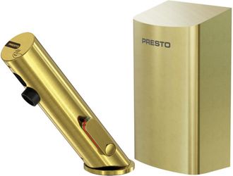 Presto Grifo Mezclador Infrarrojo Con Llave De Paso + Secador De Manos Presto Linea, Dorado Cepillado