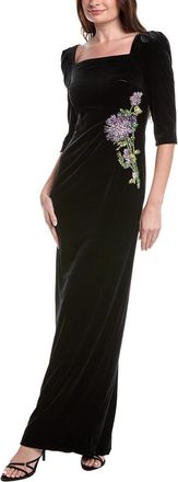 Teri Jon by Rickie Freeman Velvet Elbow Sleeve Floral Applique Gown