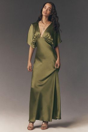 BHLDN Amelia Deep-V Flutter-Sleeve Satin A-Line Gown