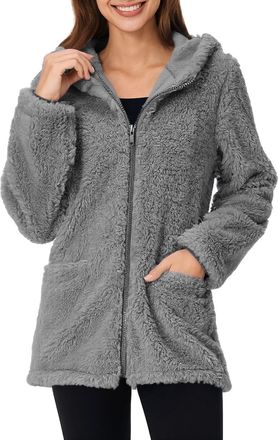 Generic Womens Fleece Jacket Long Quilted Fluffy Hoodies Zipped Sherpa Coats Ladies Windbreak Jacket with Plush Hood Fleece-Lined Sweatshirt Shearling Warm Ca