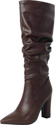 Generic Womens Pleated Knee High Boots Pointed Toe Zipper Square Heel Long Booties
