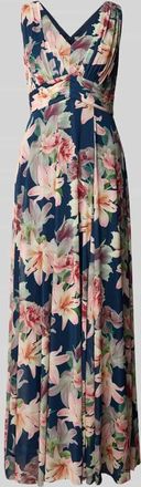 Christian Berg Cocktail Maxikleid mit V-Ausschnitt und Gehschlitz in Marine, Gr&ouml;&szlig;e 34