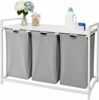 Relaxdays Relaxdays laundry hamper with 3 removable bags, 150 L, wood-effect shelf, H x W x D: 73.5 x 109.5 x 33 cm, grey/white