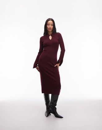 & Other Stories Vestito midi in maglia rosso scuro bordeaux a maniche lunghe con colletto