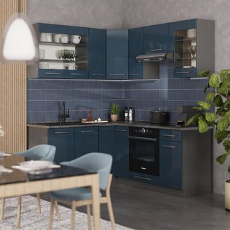 Vicco Cocina Esquinera Fame-line, Azul Oscuro Alto Brillo/antracita, 160 X 190 Cm, Et Antracita