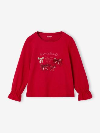 Vertbaudet Langarmshirt f&uuml;r M&auml;dchen mit Schleife und Glitzerdetails rot
