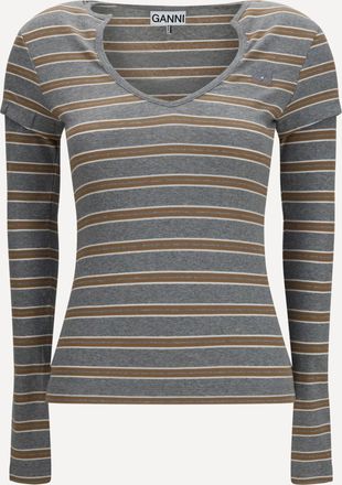 Ganni Ribbed V-neck long-sleeve T-shirt Female M